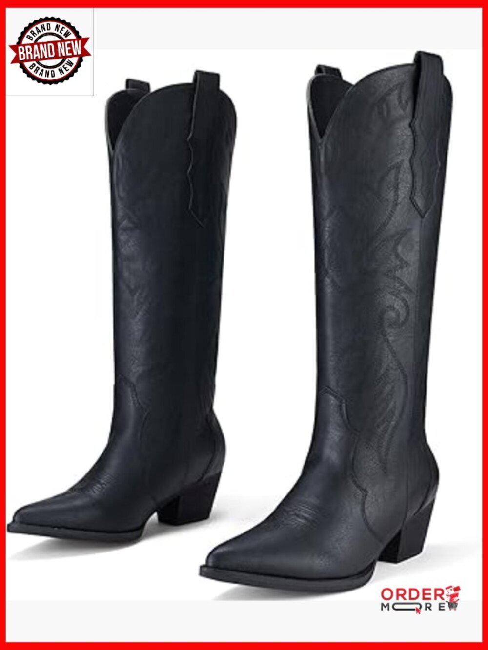 Knee-High Western Cowboy Boots with Embroidered Design and Chunky Heel - Picture 1 of 7